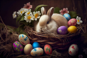 A cute soft easter bunny in a basket surronded by its "easter eggs". AI generated
