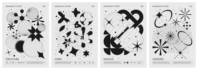 Futuristic retro vector minimalistic Posters with strange wireframes graphic assets of geometrical shapes modern design inspired by brutalism and silhouette basic figures, set 9