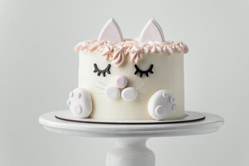 Cat cake for a little girl decorated with edible eyelids, ears and mastic paws on the white...