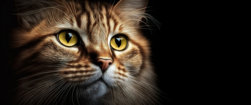 Close up of a orange cat, Image showing close up of a big orange cats yellow eyes on black background.  Image created with generative ai