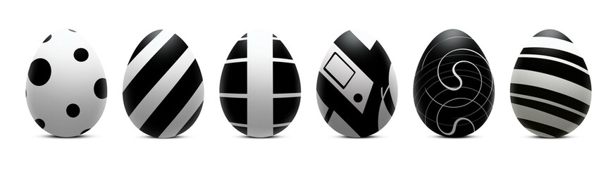 Various of stylish Black and white stylish Easter eggs in a row. Eggs decorated by geometric patterns of black and white stripes and dots. Easter eggs lines up isolated on transparent background. PNG.