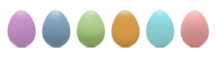 Six colorful Easter eggs set in a row. Easter Eggs Lined up with different colors on transparent background illustration. Png. Mock up eggs for your Easter design and creativity.