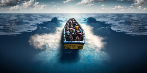 Migrants and refugees take a dangerous journey in a boat on the ocean. Generative ai