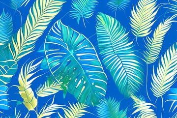 Fototapeta na wymiar Exotic tropical leaves drawn on the blue wall. Floral background. Design for wallpaper, photo wallpaper, wallpaper, card, postcard - generative ai