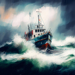 boat on rough seas, generative ai
