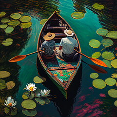 image of a couple in a boat on a pond, generative ai