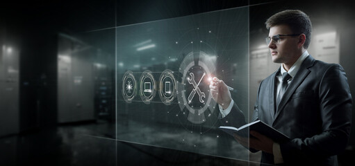 A businessman is working on a virtual computer screen .