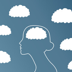 a girl's head in the clouds. psychological illustration
