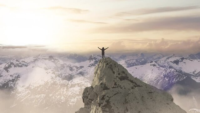 Adult adventurous woman standing on top of a snow peak. Winter Wonderland. 3d rendering mountain adventure artwork. Aerial landscape from British Columbia, Canada. Sunset Sky