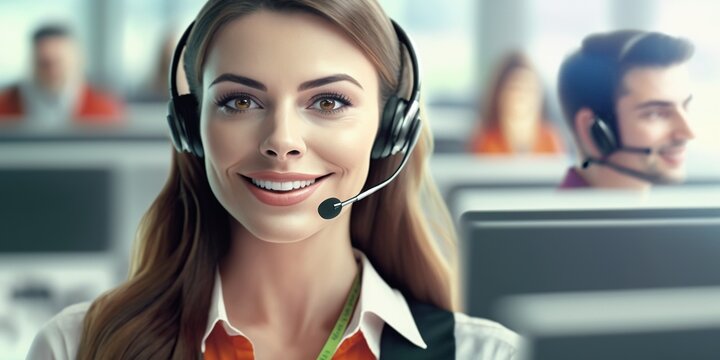 Freundliche Mitarbeiterin im Callcenter mit Headset lächelt und telefoniert, ai generativ