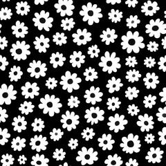 Fototapeta na wymiar Flowers seamless pattern. Abstract floral minimal design illustration. Trendy colorful summer white flowers on black background. Modern floral pattern tile for fashion textile fabric, cloth, decor