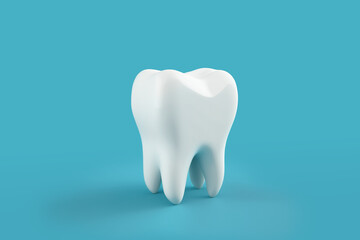 3d white tooth isolated on a blue background. Created with generative AI technology. 