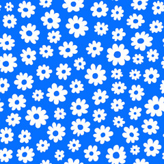 Flowers seamless pattern. Abstract floral minimal design illustration. Trendy colorful summer white flowers on blue background. Modern floral pattern tile for fashion textile fabric, cloth, decor