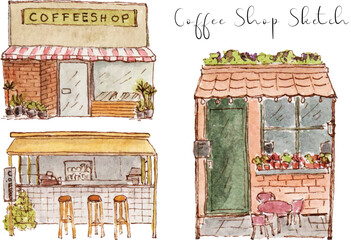 aesthetic cafe building sketch watercolor