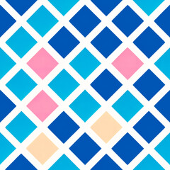 Geometric checkerboard design seamless pattern. Rhombus striped colorful summer background. Creative trendy style. Modern blue pink print for fashion textile fabric, cloth, home decor