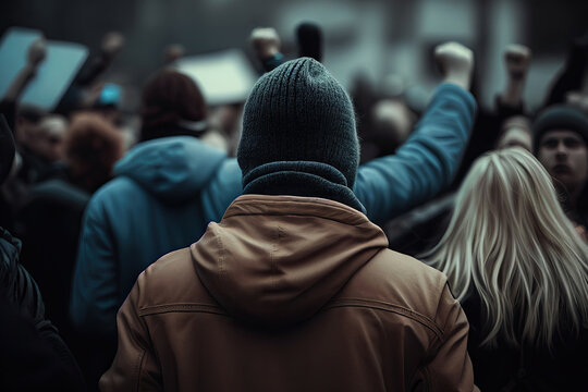 Back view of aggresive people protesting at city street. Protest activists. Crowd with raising fists.. Angry people make revolution. Created with Generative AI