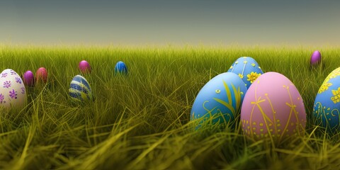 Easter background with decorated Easter eggs on a green meadow in the spring season.