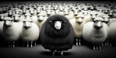 Das schwarze Schaf in der Mitte einer weißen Schafsherde fällt auf. ai generativ - obrazy, fototapety, plakaty