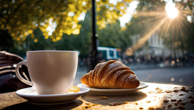 Breakfast in Paris. Enjoying croissant and cappuccino in a café in the city during a sunny day. Background blur, lens flare. Generative AI.