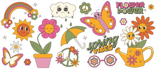 Y2k groovy spring sticker set. Retro floral spring aestetics. Cartoon characters in trendy retro 60s 70s style.