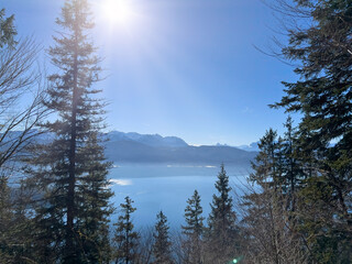 Mountain peak view to the Bavarian Walchensee during blue sky landscape