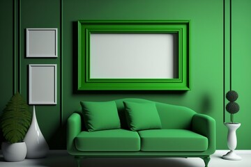 illustration, modern living room in green color, ai generative