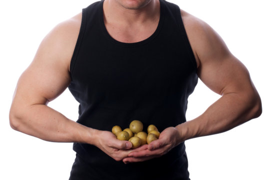 Muscular fit male holding potatoes transparent PNG