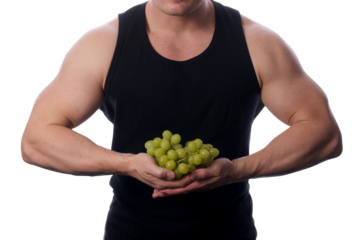 Strong fit muscular male holding grapes in front of him transparent PNG