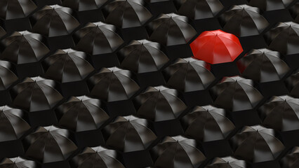 Red umbrella among dark ones. be different, standing out from crowd, individuality and difference concept - 3d illustration, 3d rendering