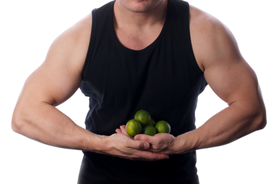 Strong fit muscular male holding limes in front of him transparent PNG
