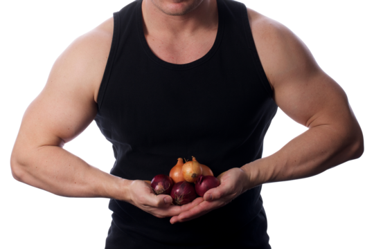 Strong fit muscular male holding mixed onions in front of him transparent PNG