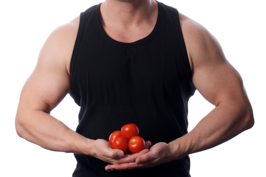 Strong fit muscular male holding tomatoes in front of him transparent PNG