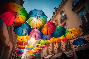 Fototapeta na wymiar illustration, hanging rainbow umbrellas in the sky during gay pride, ai generative
