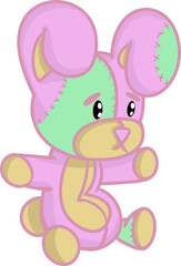 Obraz na płótnie Canvas Vector drawing of a sitting stuffed plush rabbit toy, doll. Hand drawn, doodle, flat, in cartoon style, cute, animal. Easter, Easter bunny, spring, holiday. Colourful, pink, green, beige, colours.