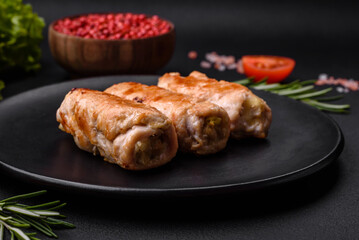 Delicious baked pork or chicken roll with mushrooms, spices and herbs inside