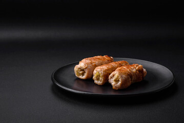 Delicious baked pork or chicken roll with mushrooms, spices and herbs inside