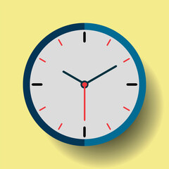 Flat style clock, timer with shadow on colored background . Vector design element
