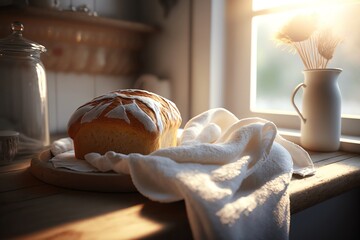 Obraz na płótnie Canvas Freshly baked loaf of artisan bread cooling on the counter, sunlight, Generative AI