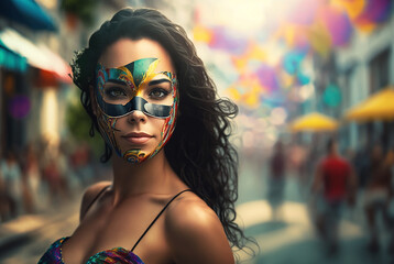 Pretty woman wearing a colorful carnival costume mask on a blurred city background, generative ai