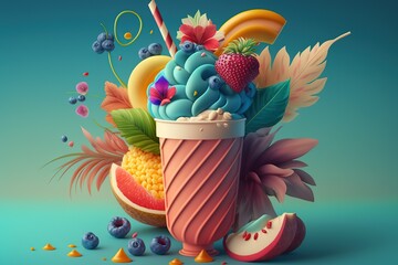 abstract and fun delicious smoothie with fruit floating around