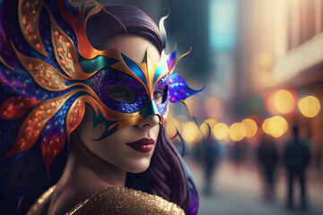 Sensual woman wearing a colorful carnival costume mask on a blurred city background, generative ai