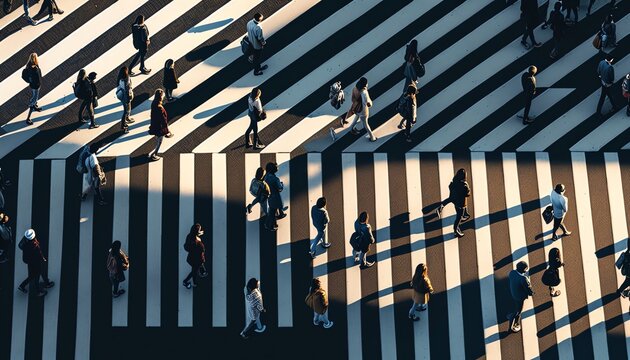 Aerial photography of people walking on a pedestrian crossing, Generative AI