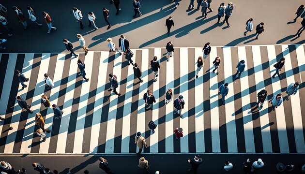 Aerial photography of people walking on a pedestrian crossing, Generative AI