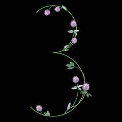 Numeral three with red clover branches. Floral font. Number 3. On black background.