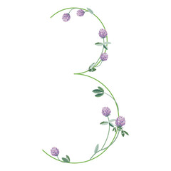Numeral three with red clover branches. Floral font. Number 3. Isolated vector illustration.