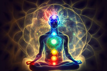illustration, human energy chakra mind, body and soul meditation, generative ai