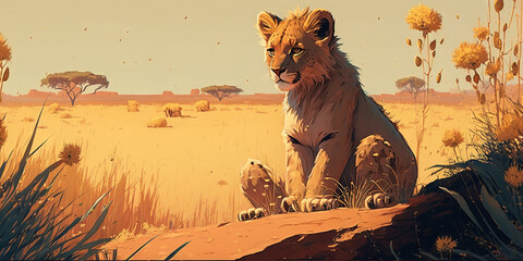 lion in desert landscape