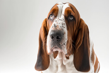 Basset hound dog portrait on a white background in a studio