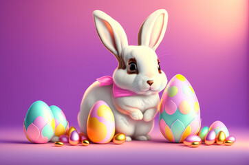 Easter bunny with easter eggs isolated on pink background, Generative AI