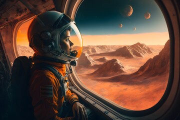Discovering planet, female astronaut, looking for a new world, hovering over ground, red landscape, space, illustration